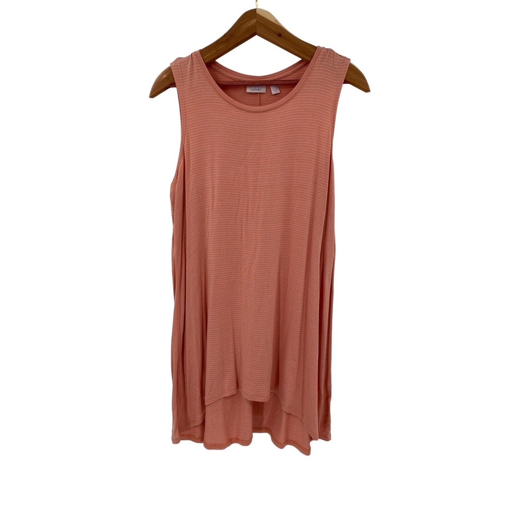 QVC LOGO Layers Large Women’s Tunic Tank Top Peach Pink White Stipe Hi-Lo Knit
